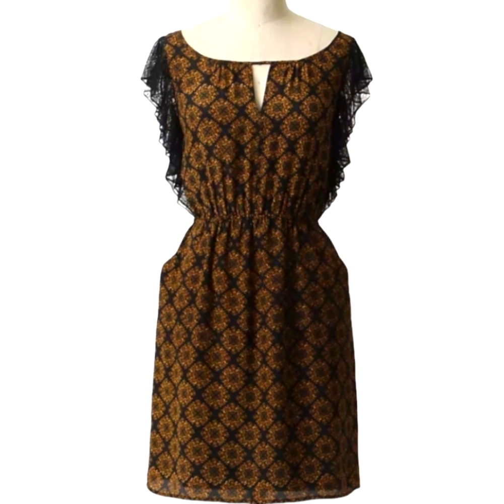 ANTHROPOLOGY MAPLE XS GOLD & BLACK LACE SLEEVELESS RETRO FAIRY MINI DRESS
